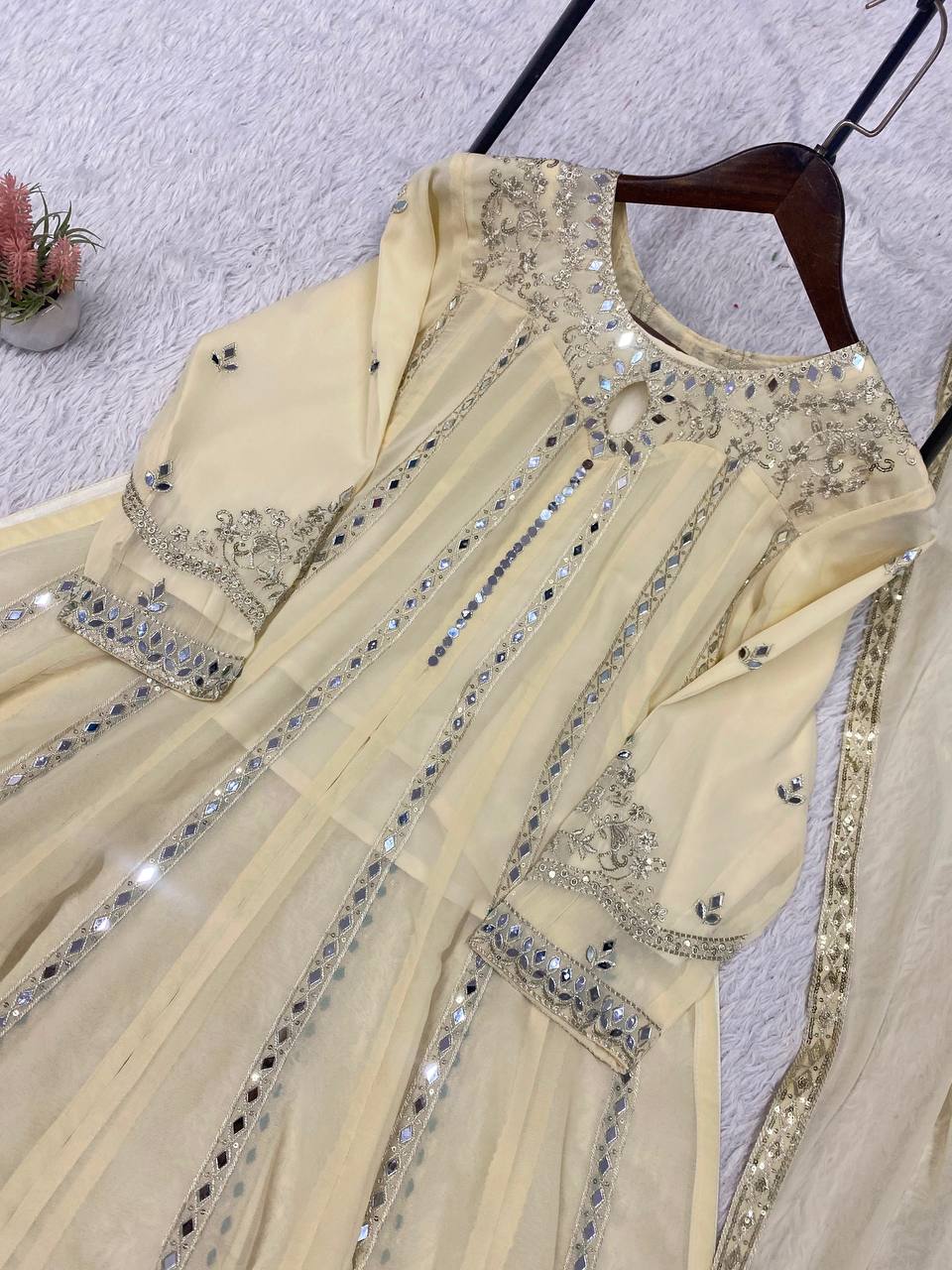Women's White Georgette Sequence Embroidery & Real Mirror Work 3-Piece Gown Set