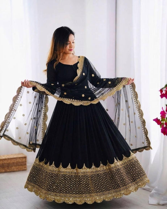 Black Embroidered Anarkali Gown Set, Faux Georgette Sequence Work, Party Wear Ethnic Dress