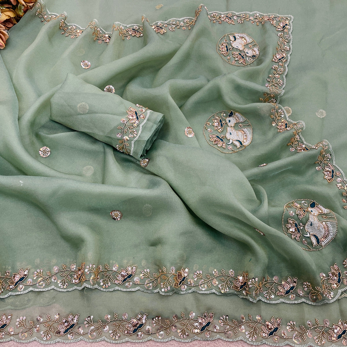 ALKA Tissue Embroidered Sequin Embellished Saree - Dusty Rama