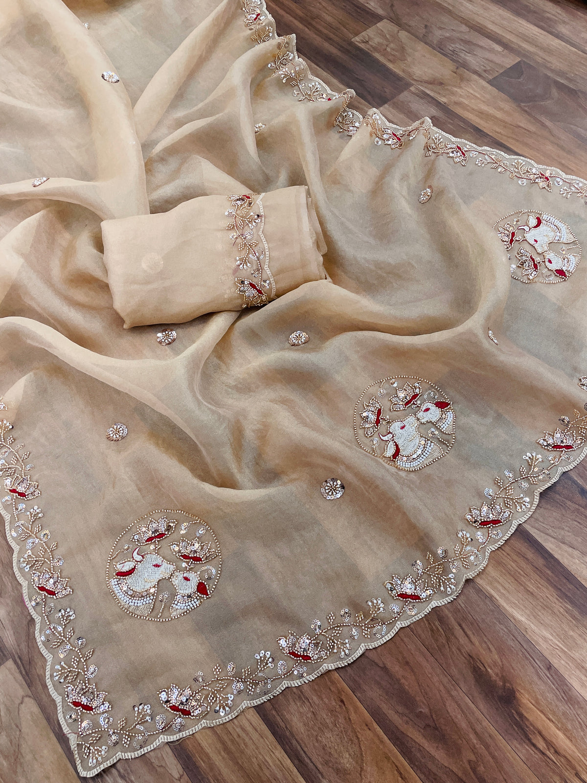 ALKA Tissue Embroidered Sequin Embellished Saree - Light Chicku