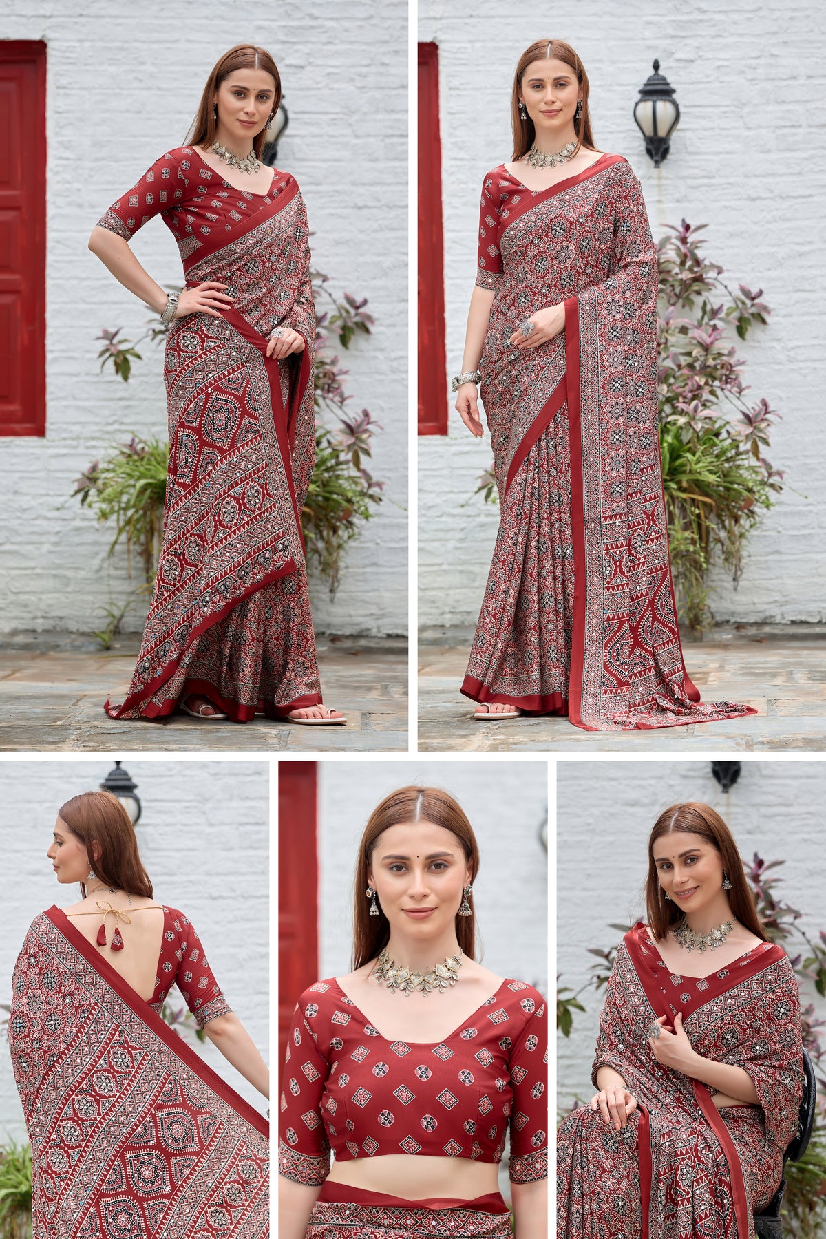 AZRAK Mirror Ajrakh Print Crepe Saree - Red