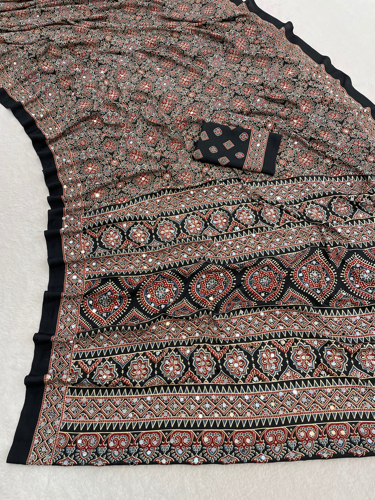 AZRAK Mirror Ajrakh Print Crepe Saree - Black I