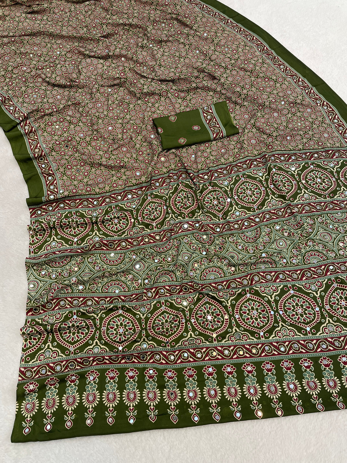AZRAK Mirror Ajrakh Print Crepe Saree - Mehendi