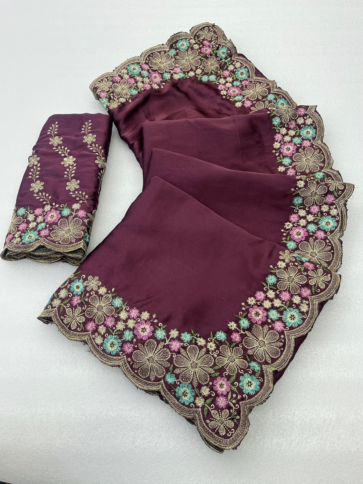 MANASVI Satin Embellished Embroidered Saree - Dark Maroon