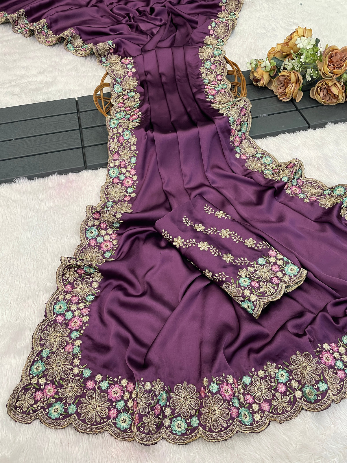 MANASVI Satin Embellished Embroidered Saree - Dark Wine