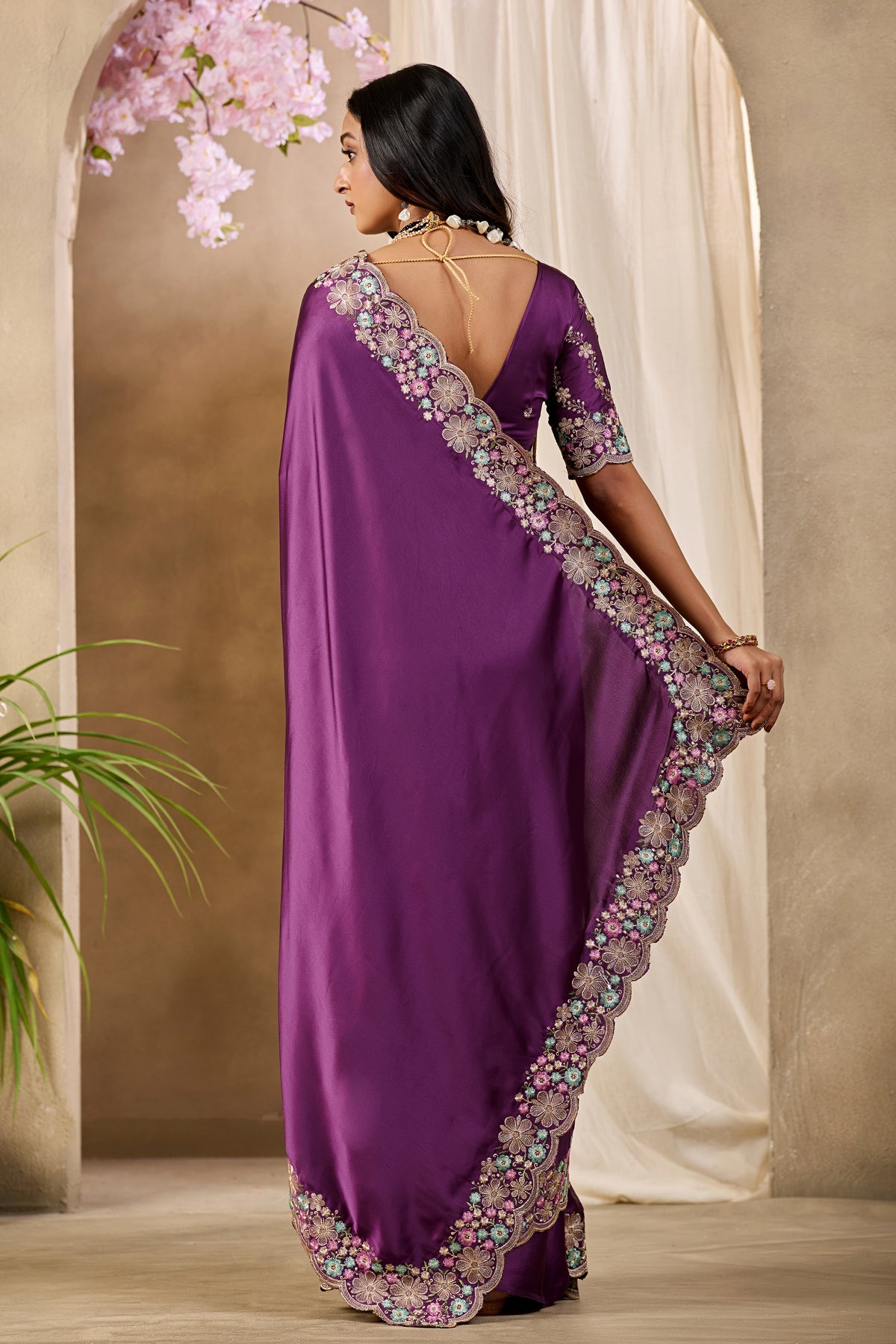 MANASVI Satin Embellished Embroidered Saree - Dark Wine
