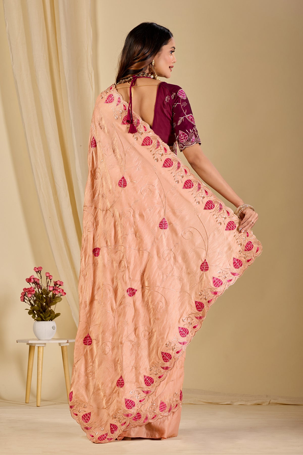 MASHUKA Satin Embellished Embroidered Floral Print Saree - Light Fanta