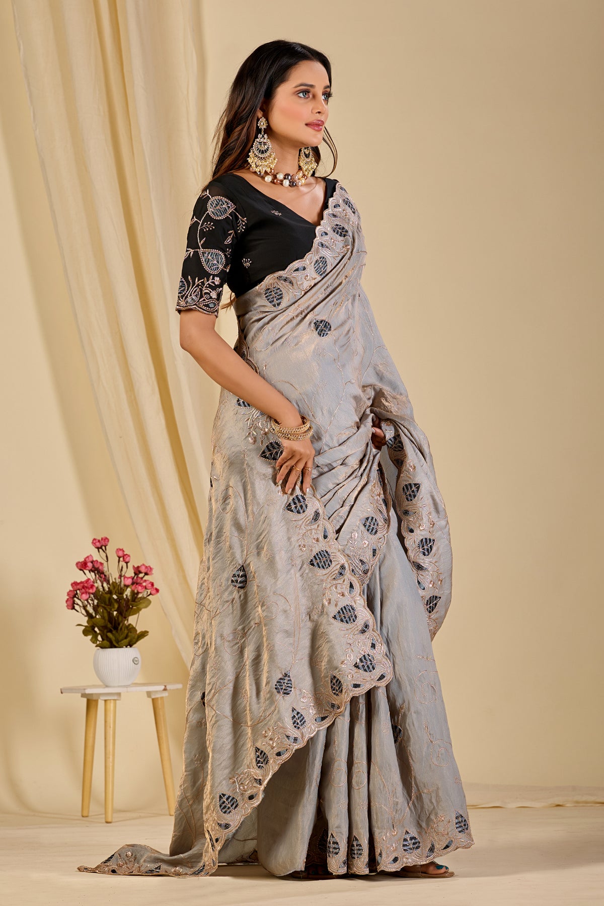 MASHUKA Satin Embellished Embroidered Floral Print Saree - Light Grey