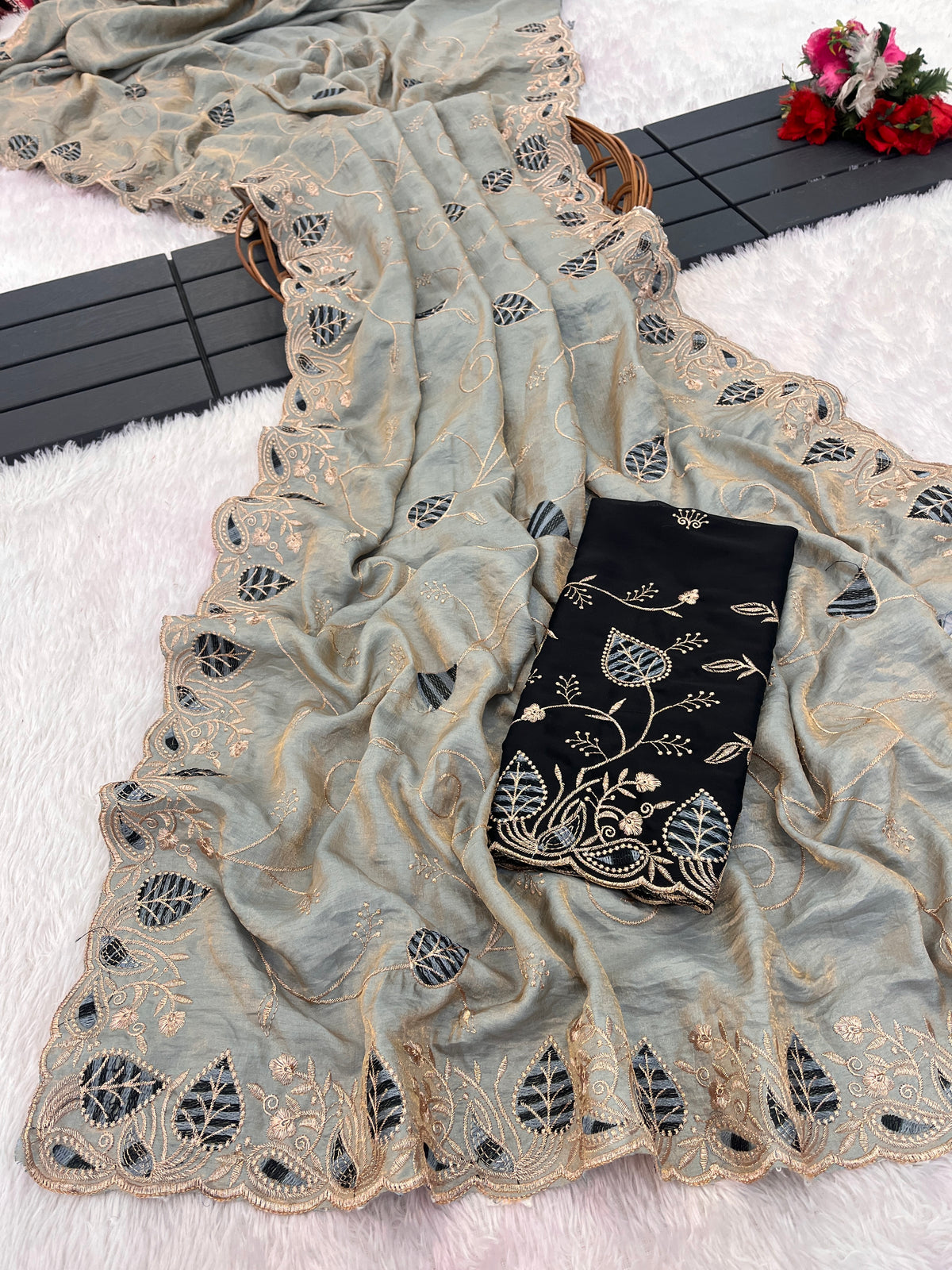 MASHUKA Satin Embellished Embroidered Floral Print Saree - Light Grey
