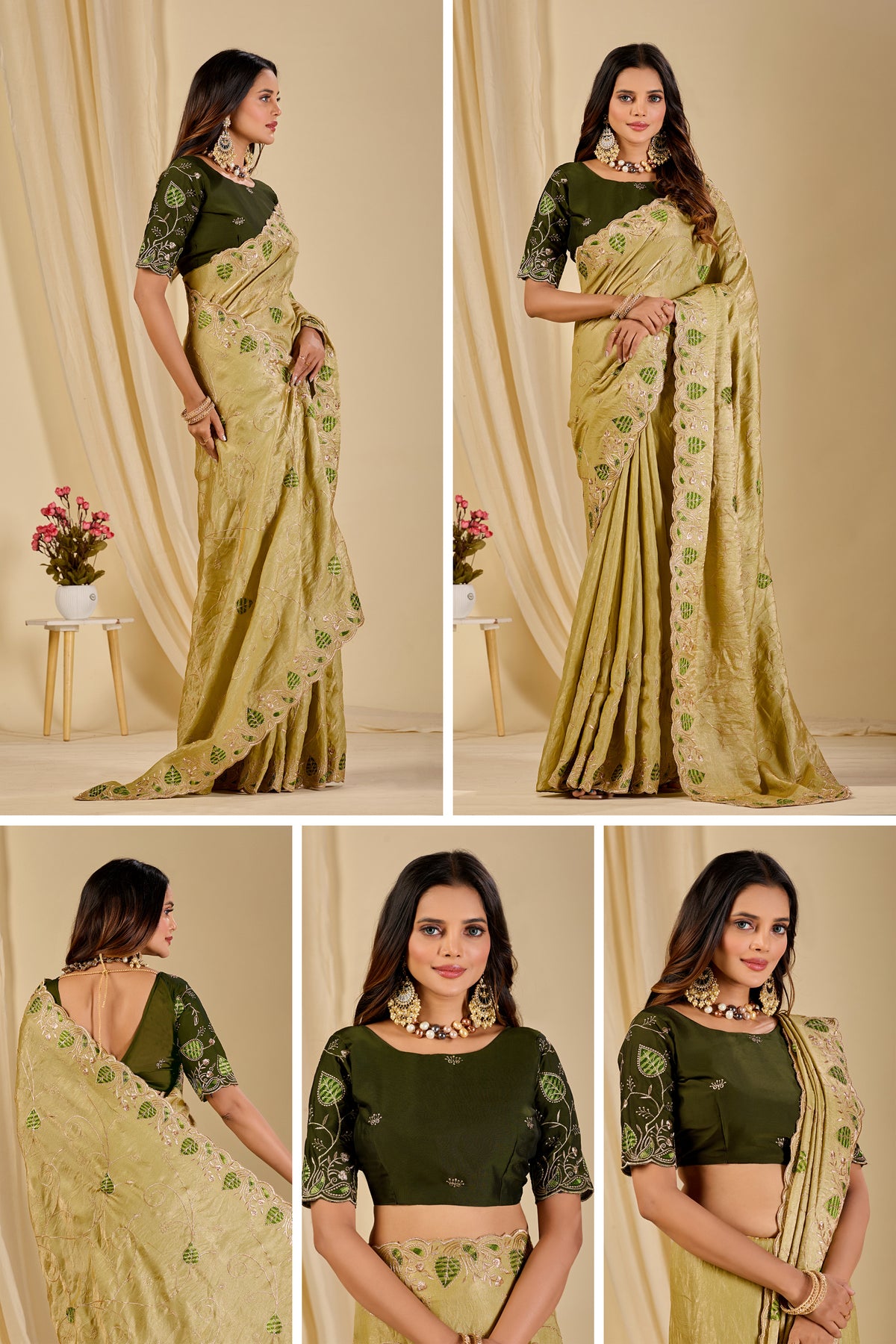MASHUKA Satin Embellished Embroidered Floral Print Saree - Light Pista