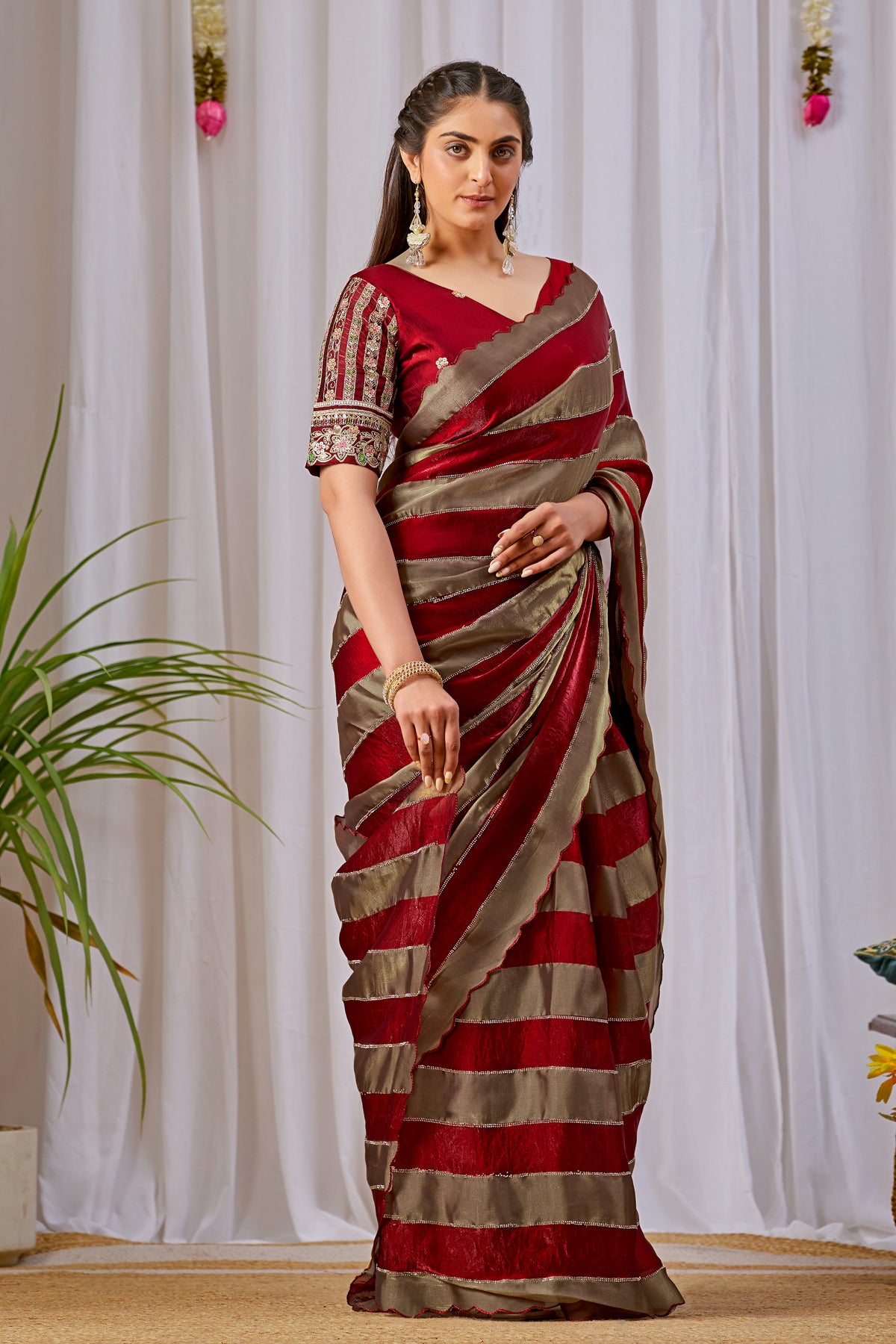 NAYANTARA Satin Embellished Embroidered Saree - Maroon