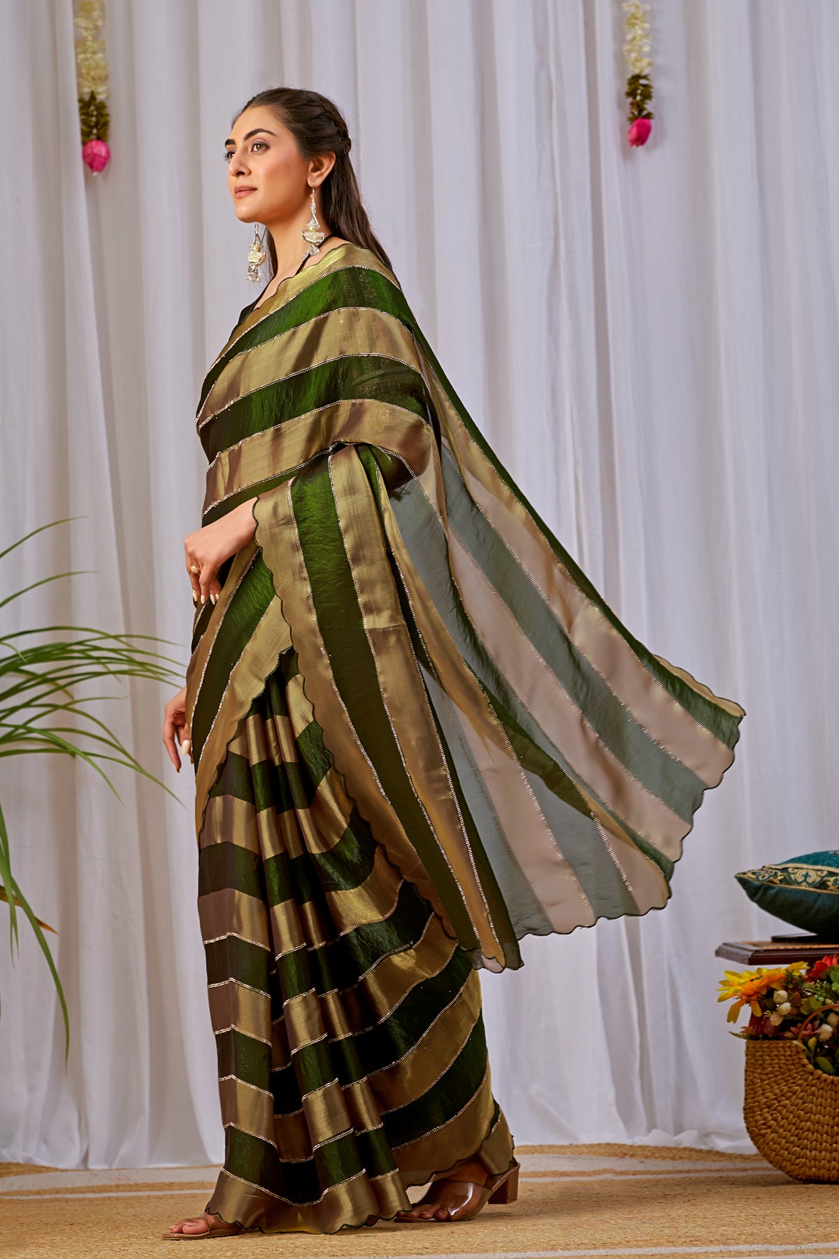 NAYANTARA Satin Embellished Embroidered Saree - Mehandi