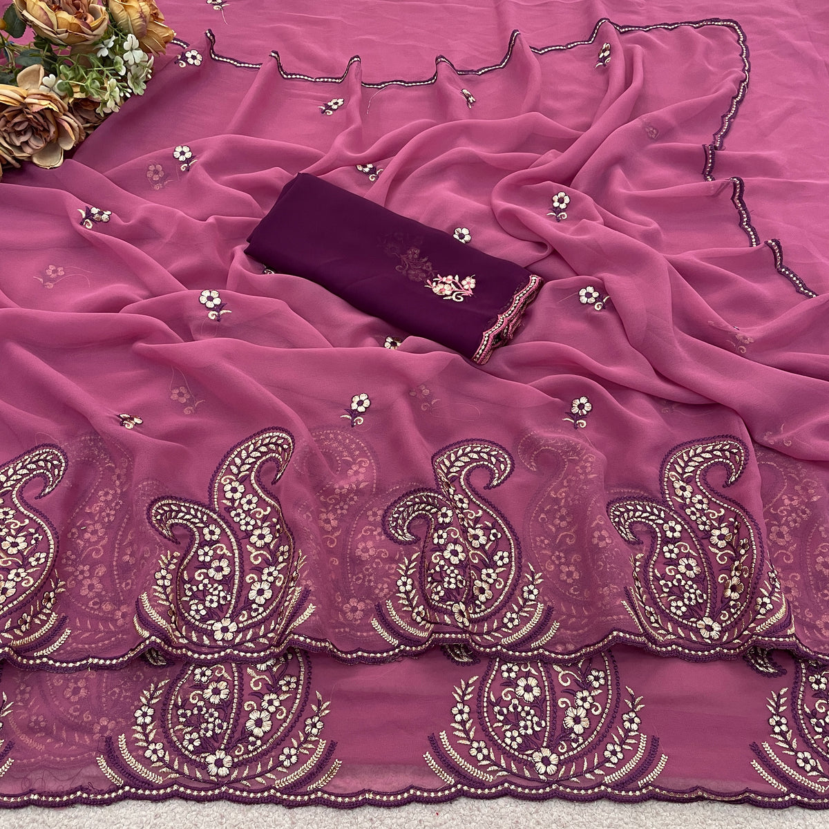 NIHARIKA Georgette Embellished Embroidered Saree - Dusty Pink