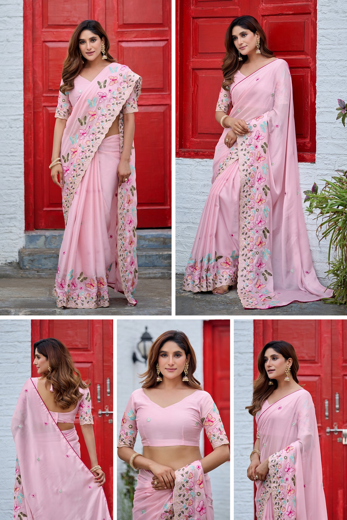 SHIKHA Georgette Embellished Embroidered Saree - Light Pink