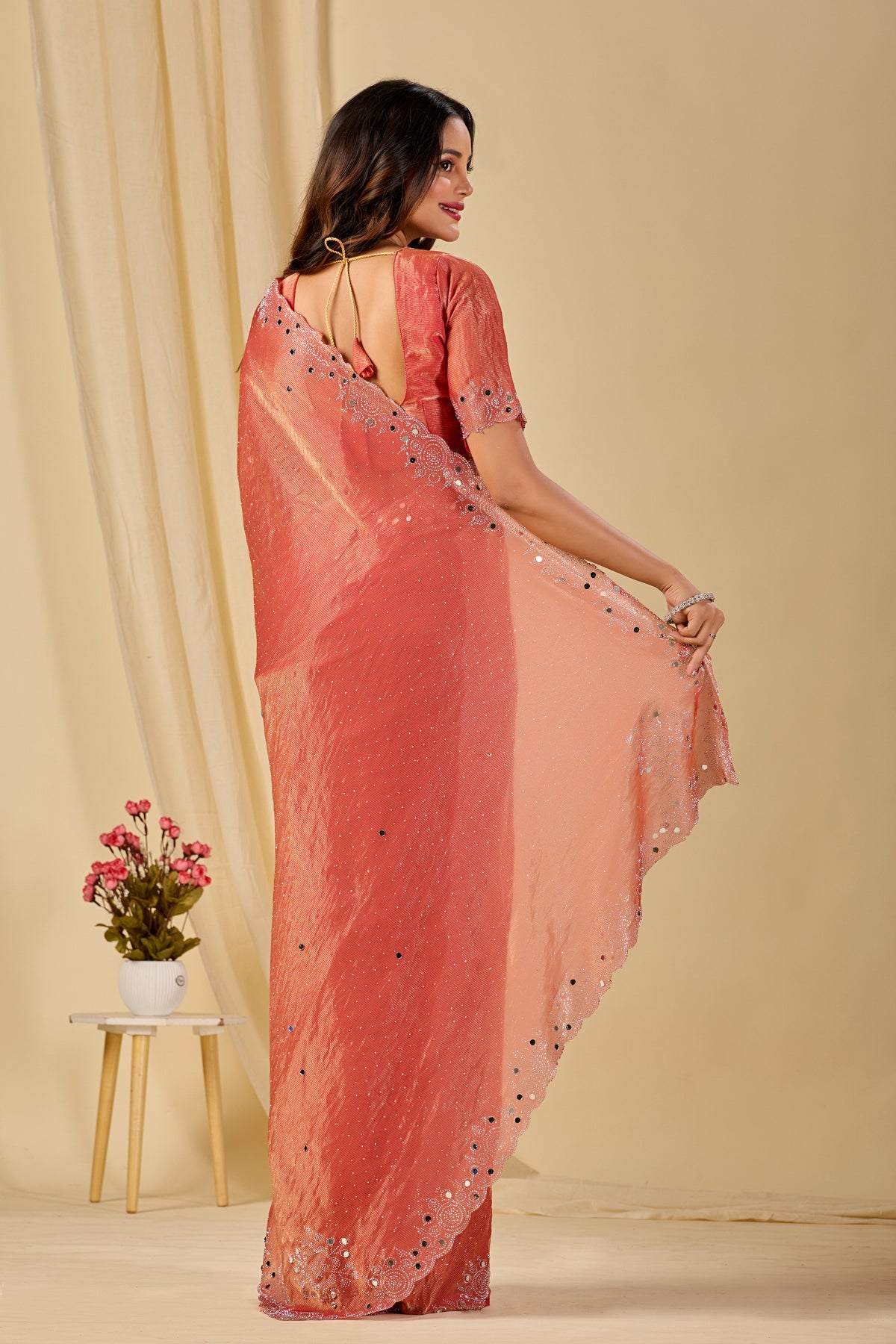 SHLOKA Chiffon Mirror Work Saree - Light Fanta