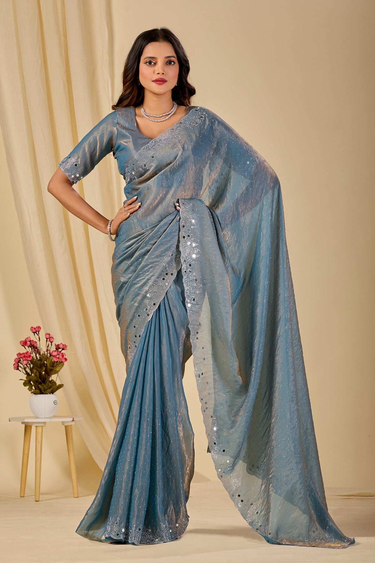 SHLOKA Chiffon Mirror Work Saree - Light Grey