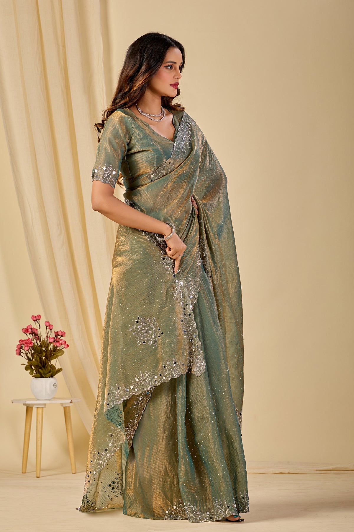 SHLOKA Chiffon Mirror Work Saree - Light Mehendi