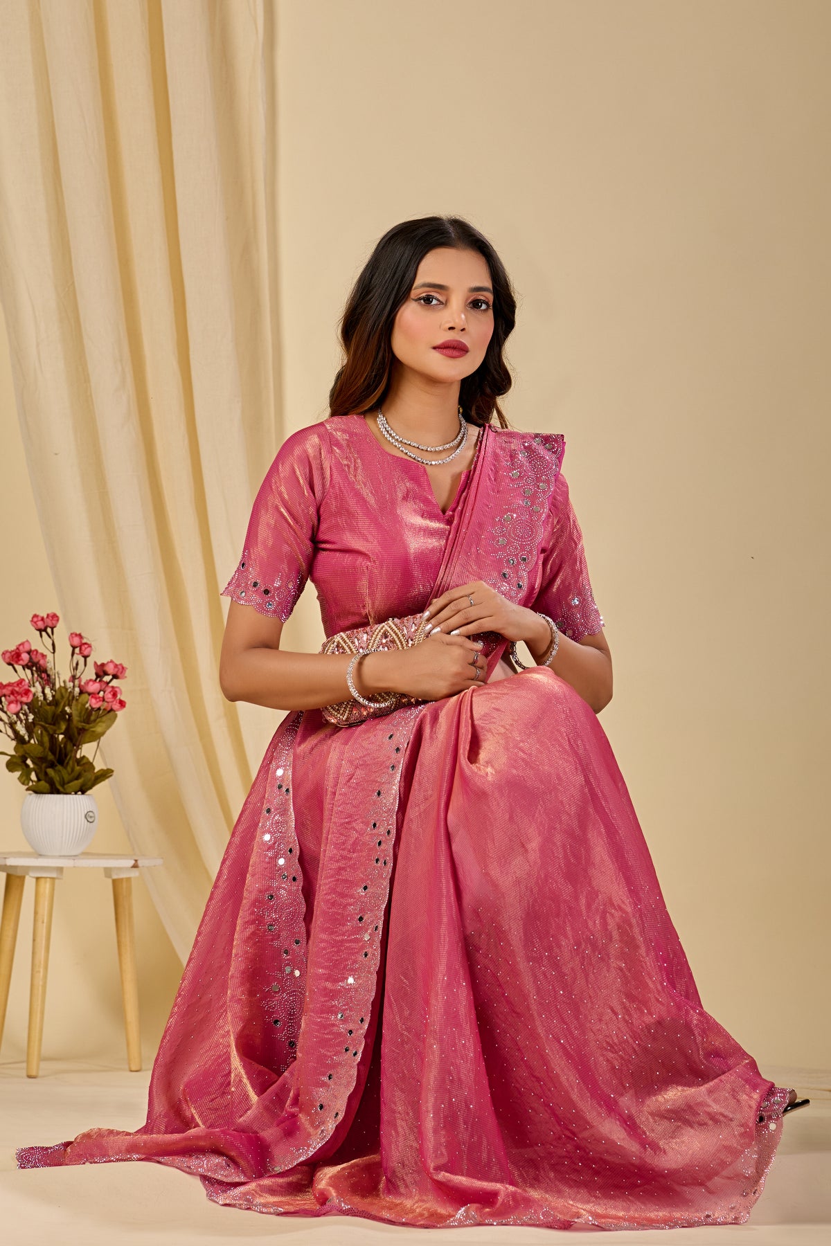 SHLOKA Chiffon Mirror Work Saree - Light Pink