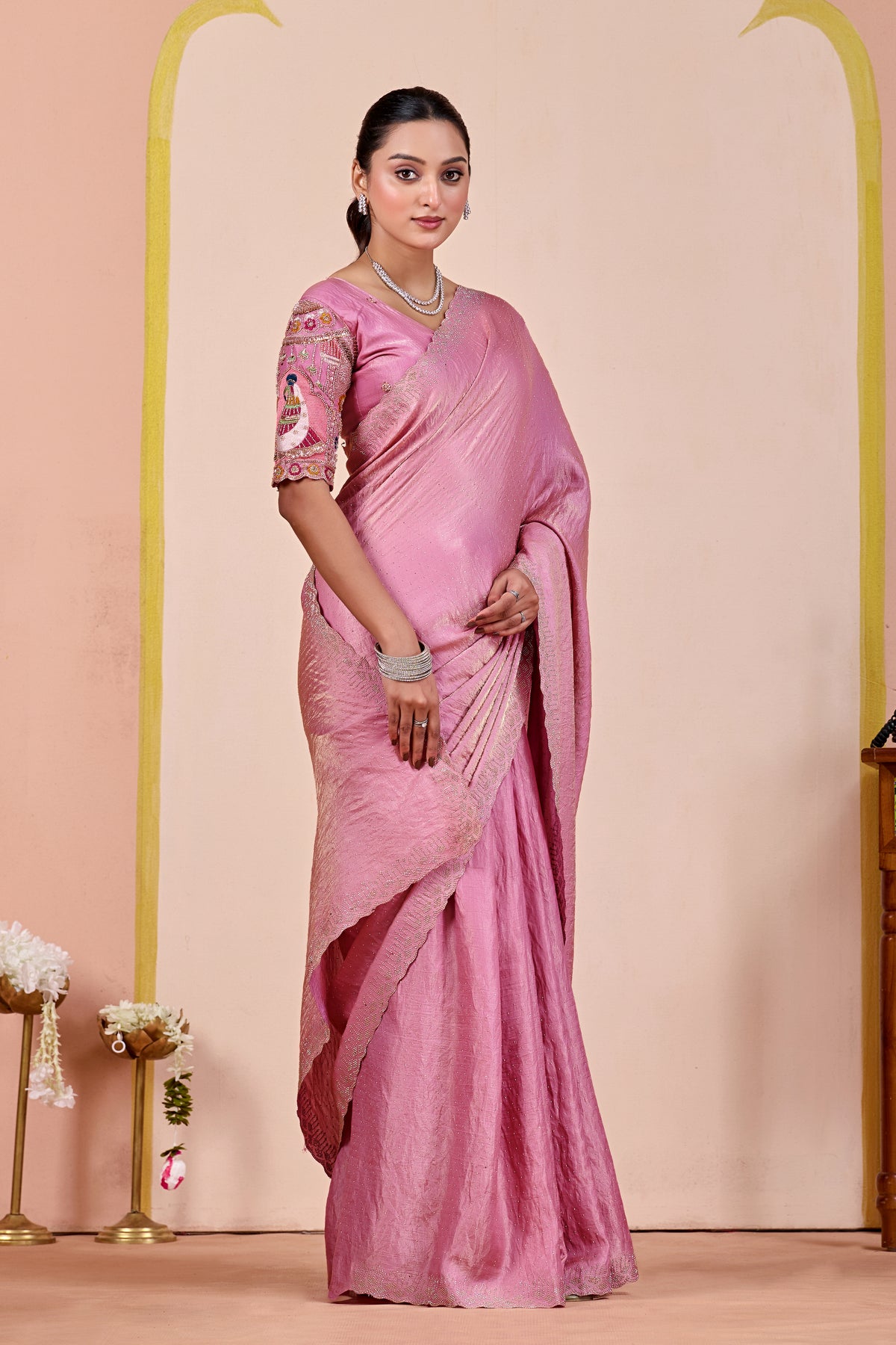 SUDHA Satin Embellished Embroidered Saree - Pink