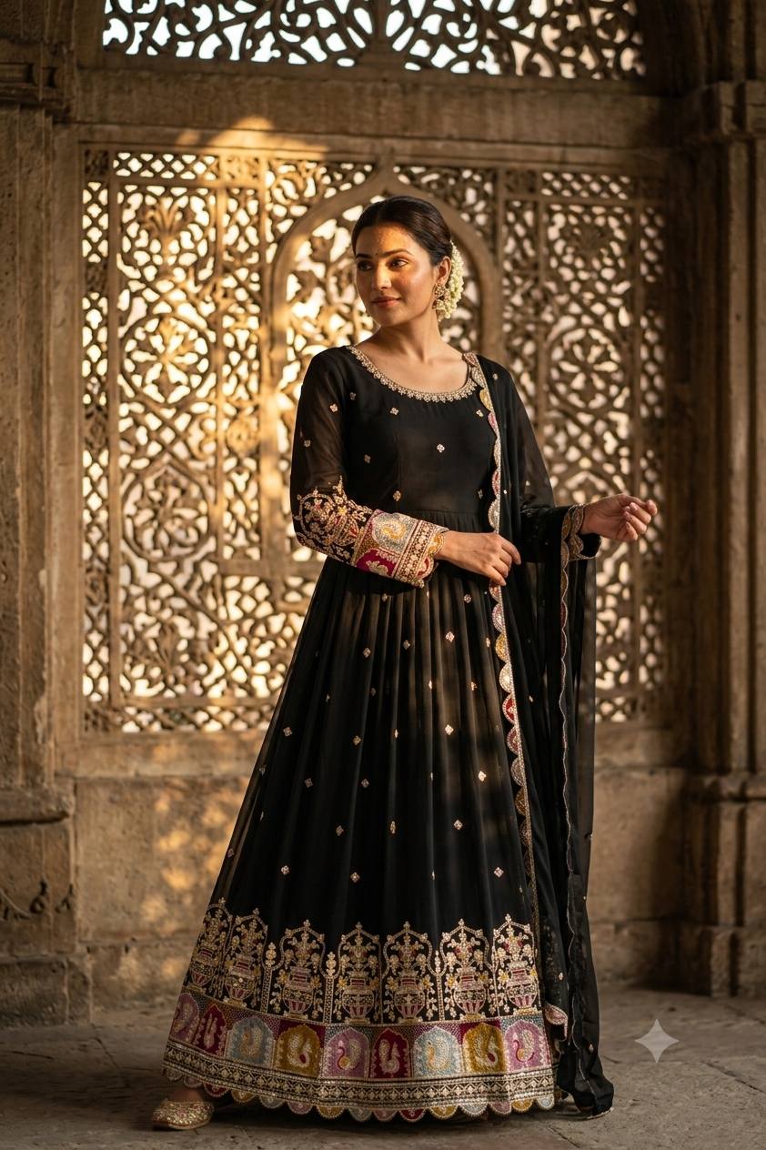 Designer Pure Blooming Georgette Sequence & Coding Dori Embroidery Gown, Pant & Dupatta Set with Padded Bust & Latkan