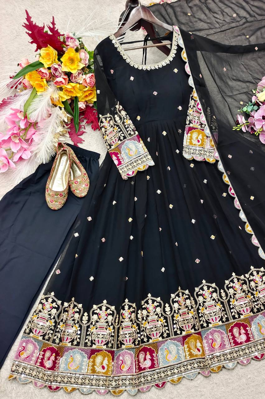 Designer Pure Blooming Georgette Sequence & Coding Dori Embroidery Gown, Pant & Dupatta Set with Padded Bust & Latkan