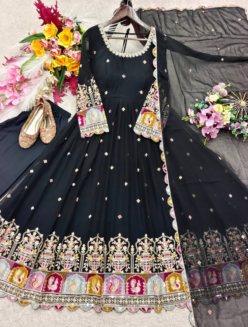 Designer Pure Blooming Georgette Sequence & Coding Dori Embroidery Gown, Pant & Dupatta Set with Padded Bust & Latkan