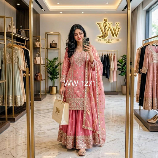 Designer Pure Fendy Silk Pink Sequence Embroidery Work Top, Sharara & Dupatta Set