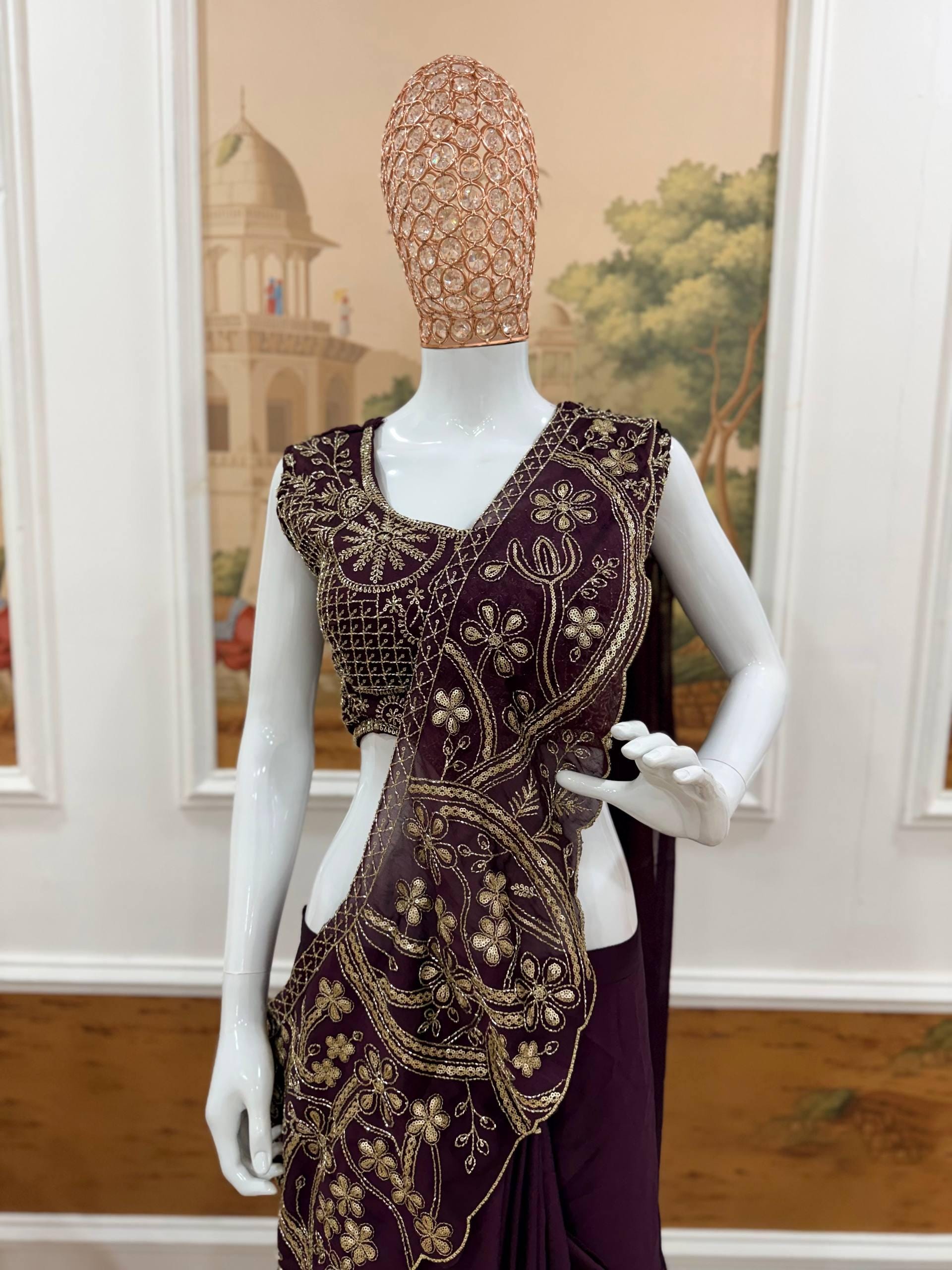Ready-to-Wear Green Rangoli Silk Drape Saree with Sequins Work Blouse