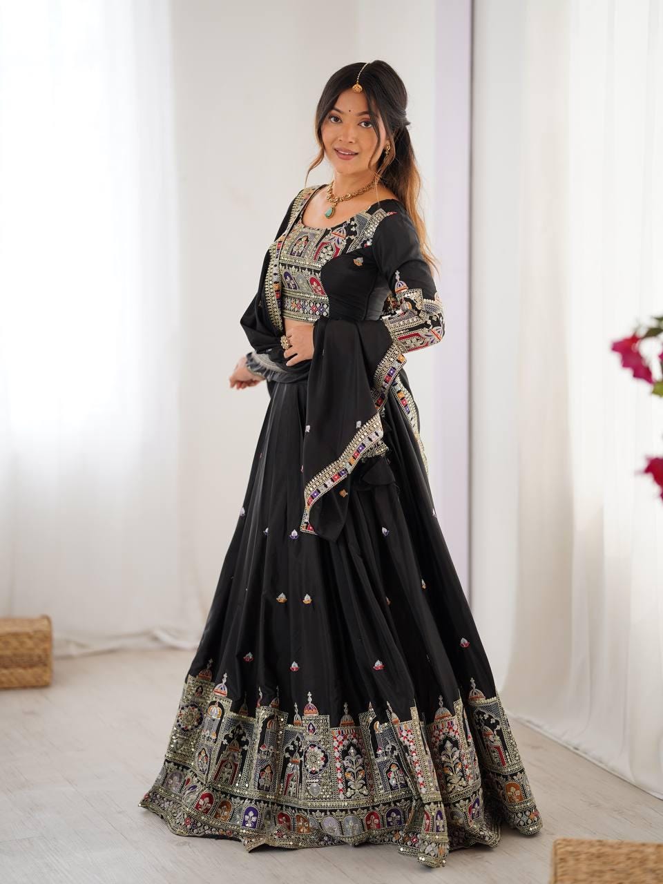 Designer Indian Wedding Lehenga Choli: Midnight Black Georgette Embroidery Sequins Work (Made To Order)