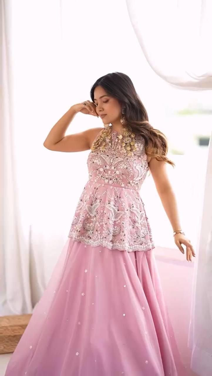 Mauve Purple Embroidered Faux Georgette Top & Lehenga Set | Wedding Guest Dress