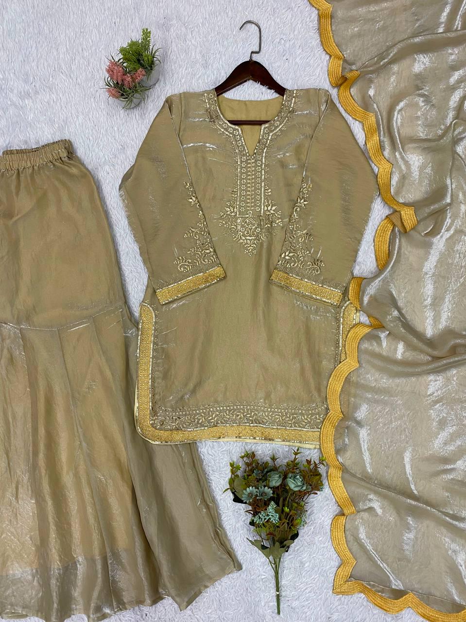 Indian Festival Designer Beige Gold Fendy Silk Sequence Embroidery Work Top, Palazzo & Dupatta Set