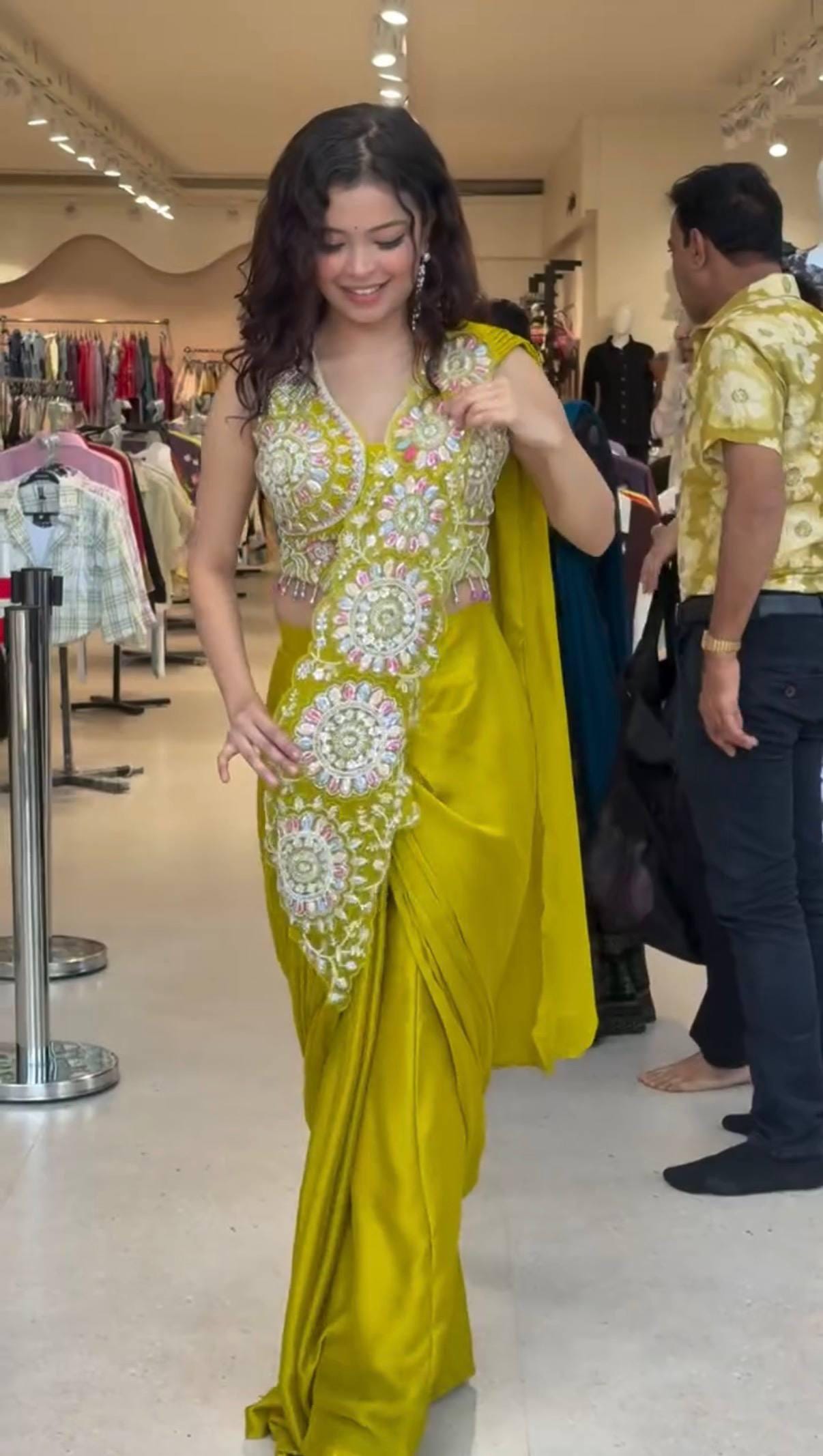 Ready-to-Wear Yellow Faux Georgette Drape Saree with Sequins Work, Stitched Blouse