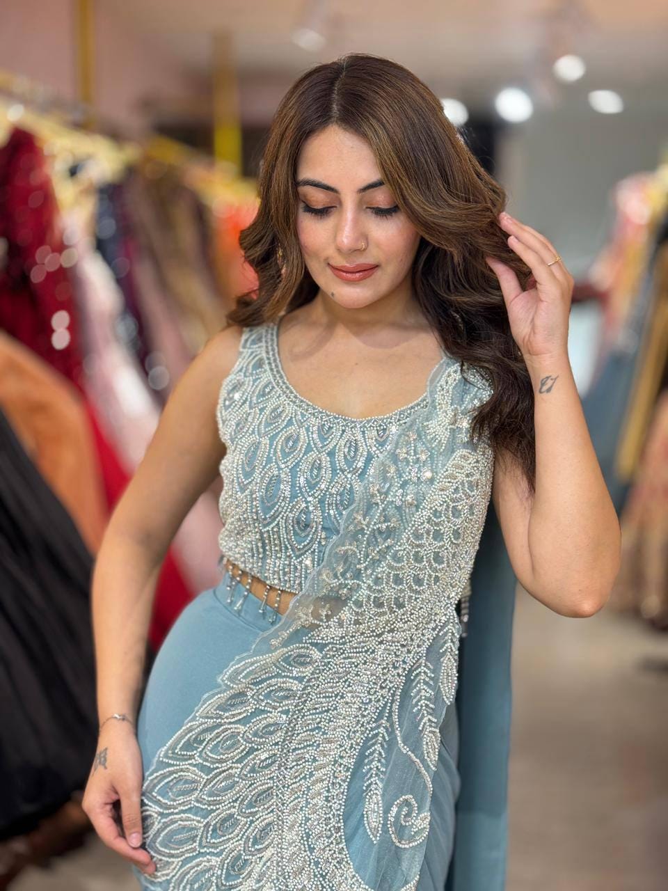 Ready-to-Wear Blue Silk Drape Saree with Sequins Work Blouse