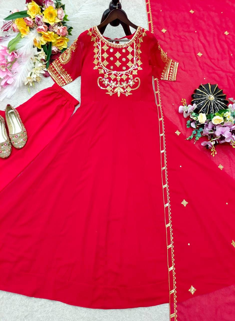 Pure Red Fox Georgette 5mm Sequence Embroidery Gown Pant Set | Stitched Anarkali Suit | Indian Wedding Party Wear Dress for Women