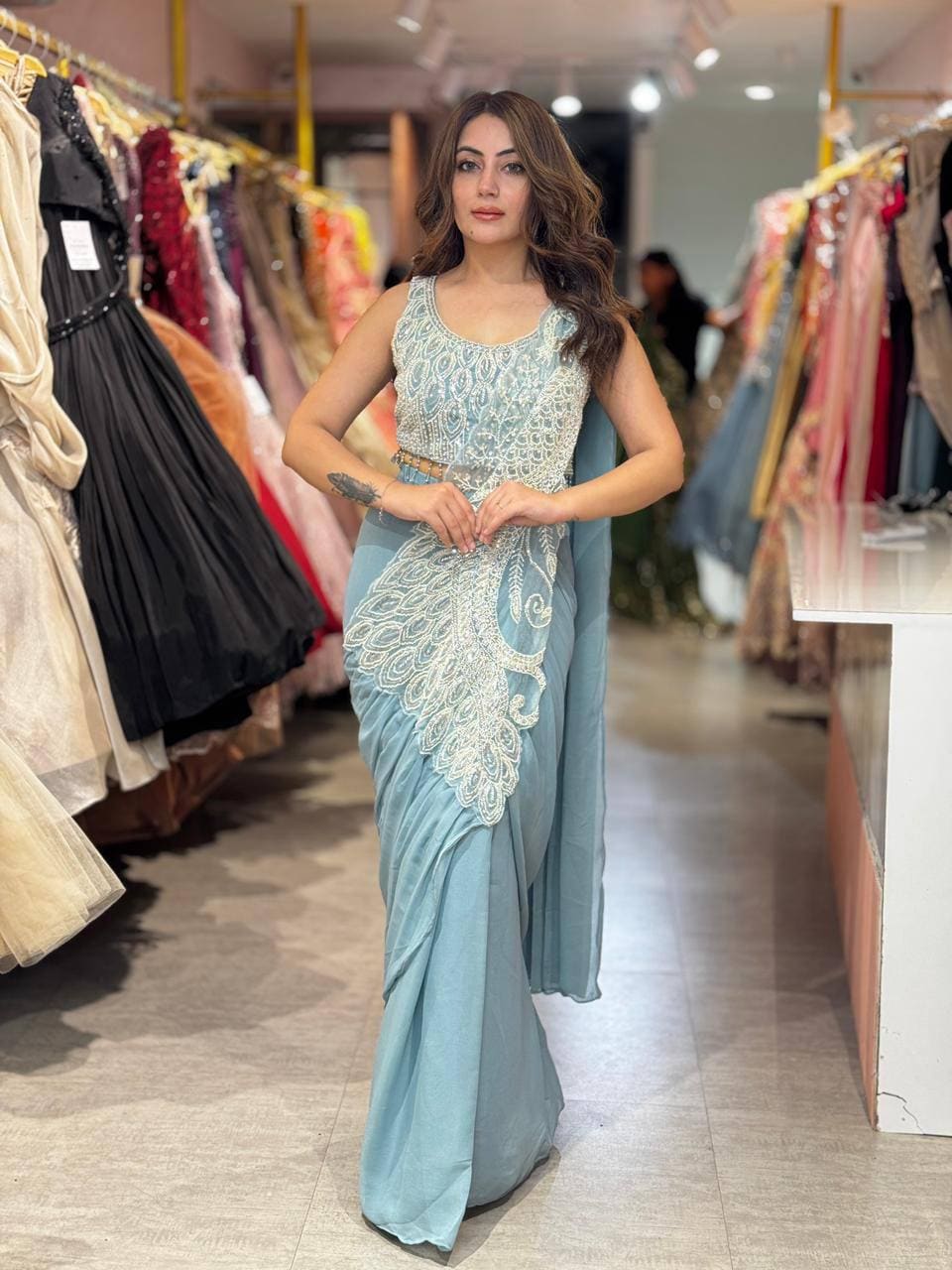 Ready-to-Wear Blue Silk Drape Saree with Sequins Work Blouse