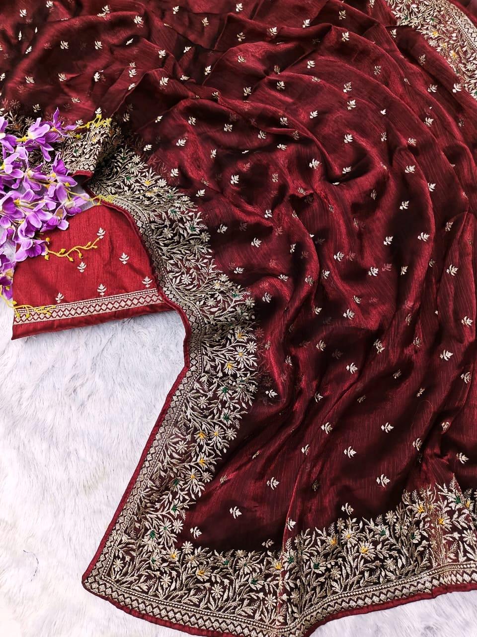 Maroon Georgette Saree with Embroidery & Sequin Work