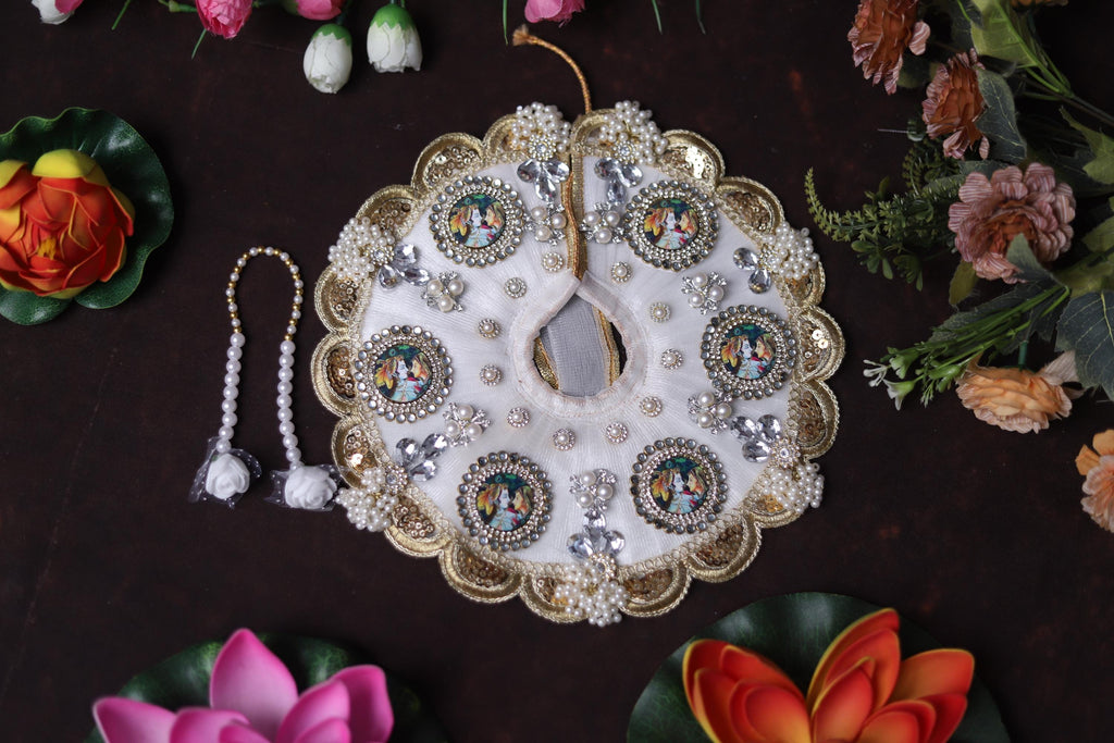 White Shrinathji Embroidered Laddu Gopal Dress with Elegant Golden Ruffled Lace Border Janmashtami and Festive Puja Wear