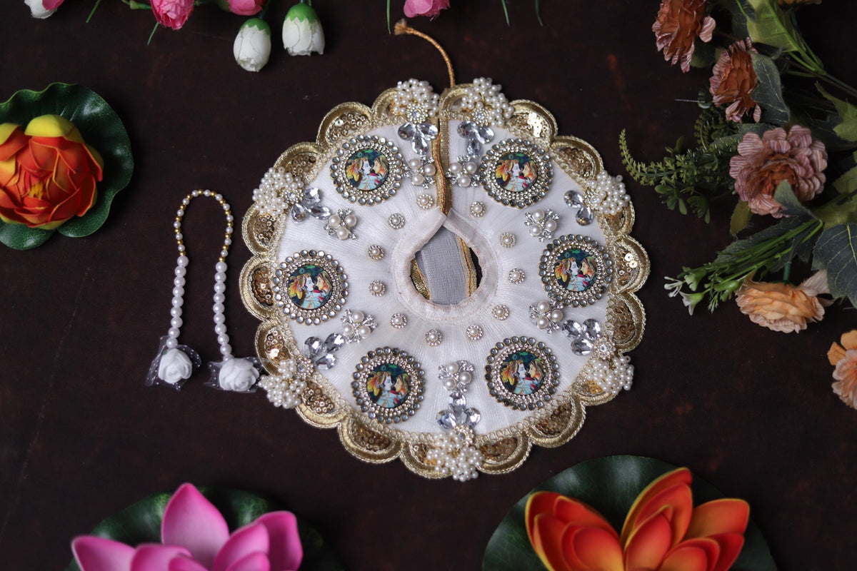 White Shrinathji Embroidered Laddu Gopal Dress with Elegant Golden Ruffled Lace Border Janmashtami and Festive Puja Wear