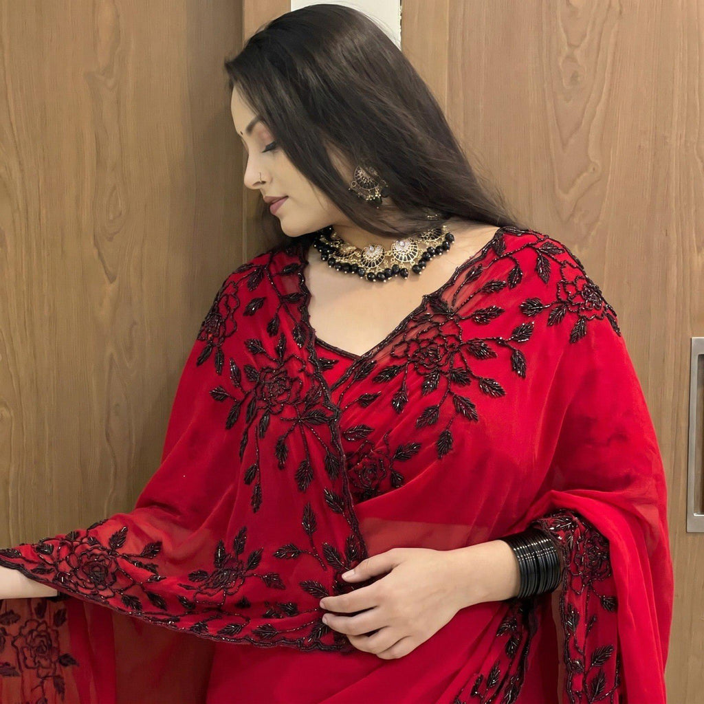 Black Fox Georgette Saree with Beadwork & Cutwork Border