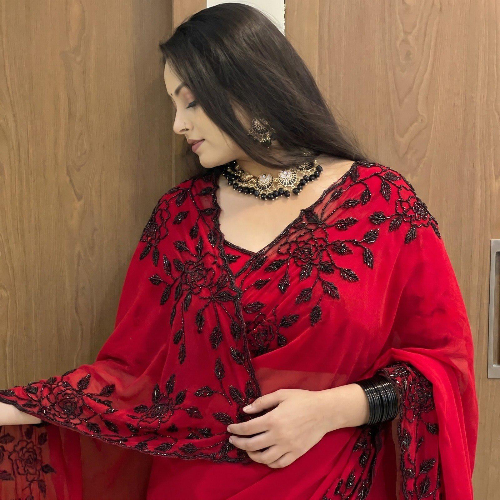 Black Fox Georgette Saree with Beadwork & Cutwork Border
