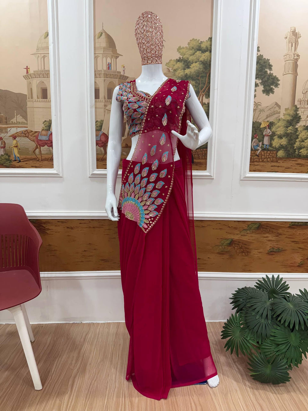 Ready-to-Wear Red Faux Georgette Saree with Sequin Work