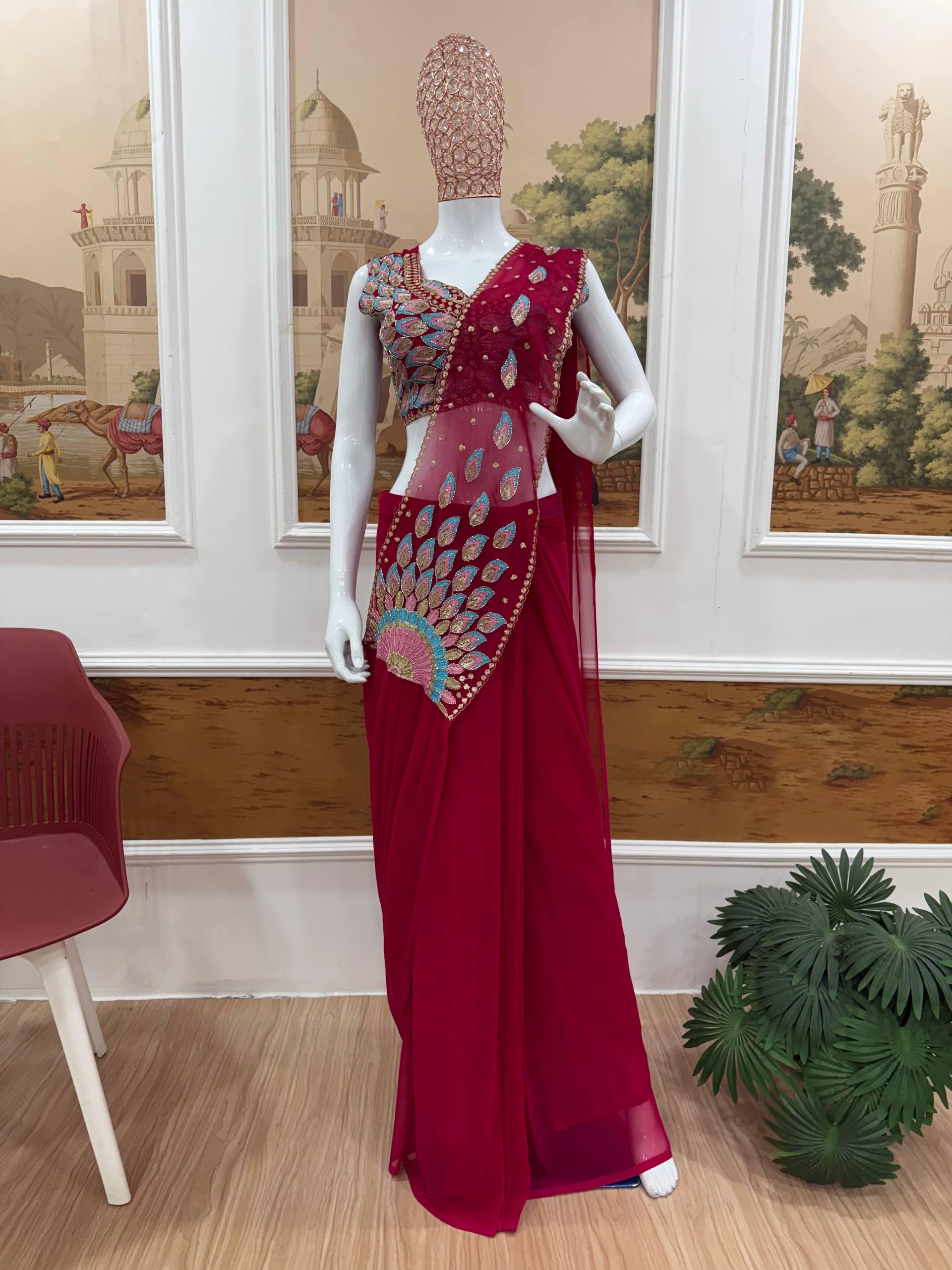 Ready-to-Wear Red Faux Georgette Saree with Sequin Work