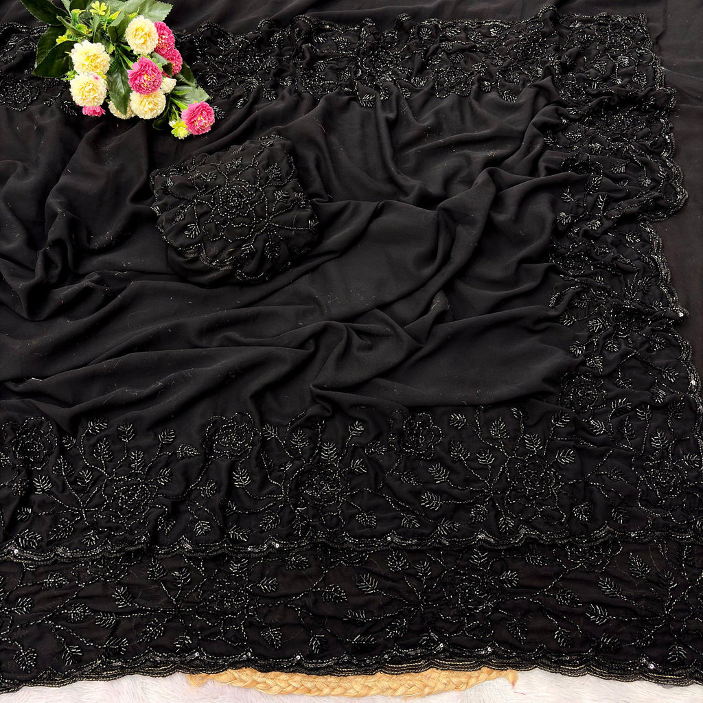 Black Fox Georgette Saree with Beadwork & Cutwork Border