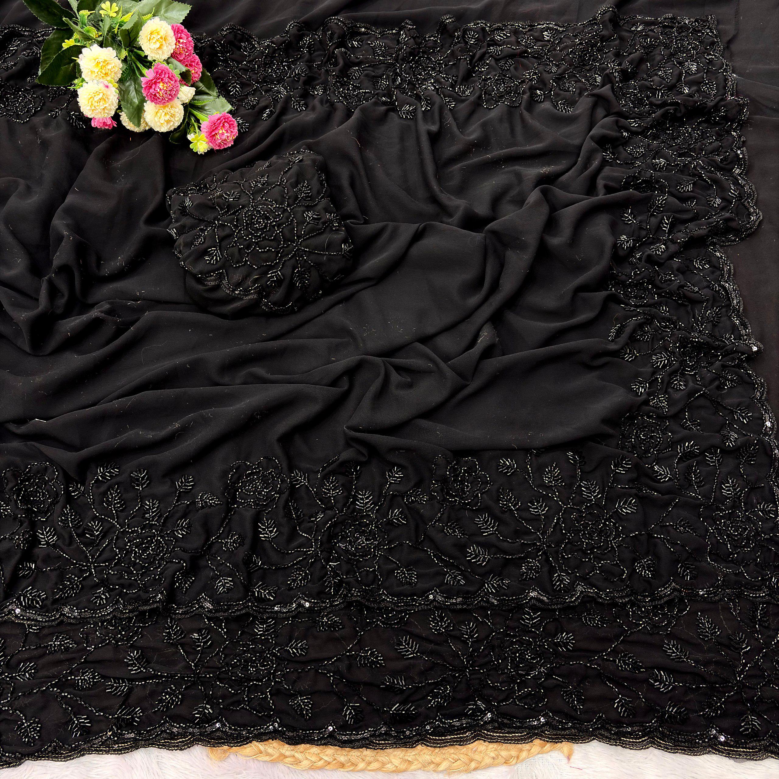 Black Fox Georgette Saree with Beadwork & Cutwork Border