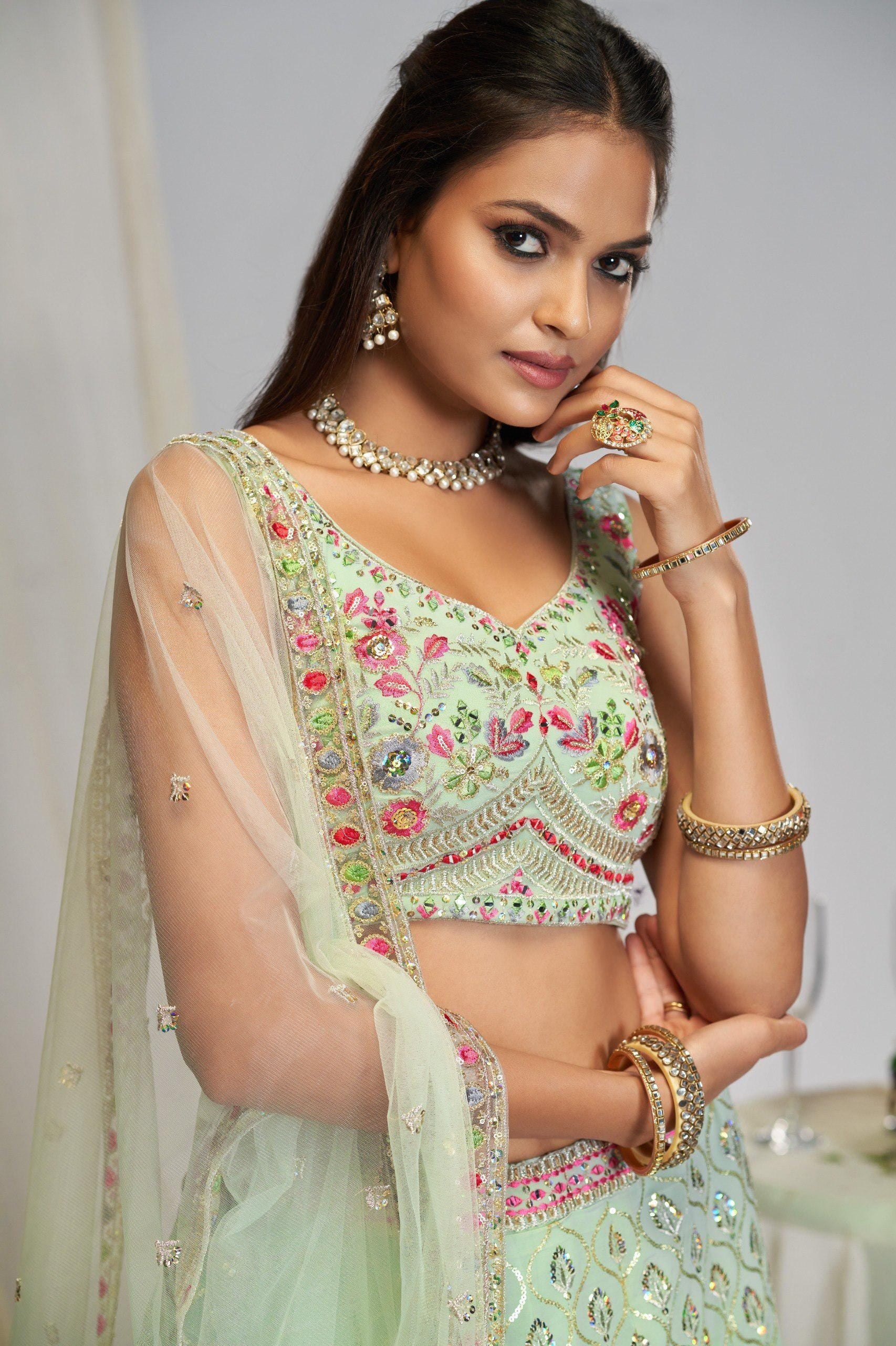 Designer Indian Wedding Lehenga Choli Set: White Georgette Embroidery (Made To Order) Stitched Blouse