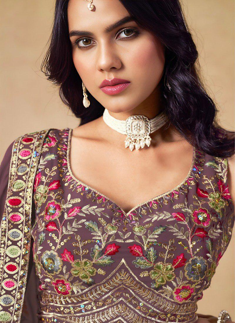 Designer Indian Wedding Lehenga Choli: Dark Brown Georgette Embroidery (Made To Order)