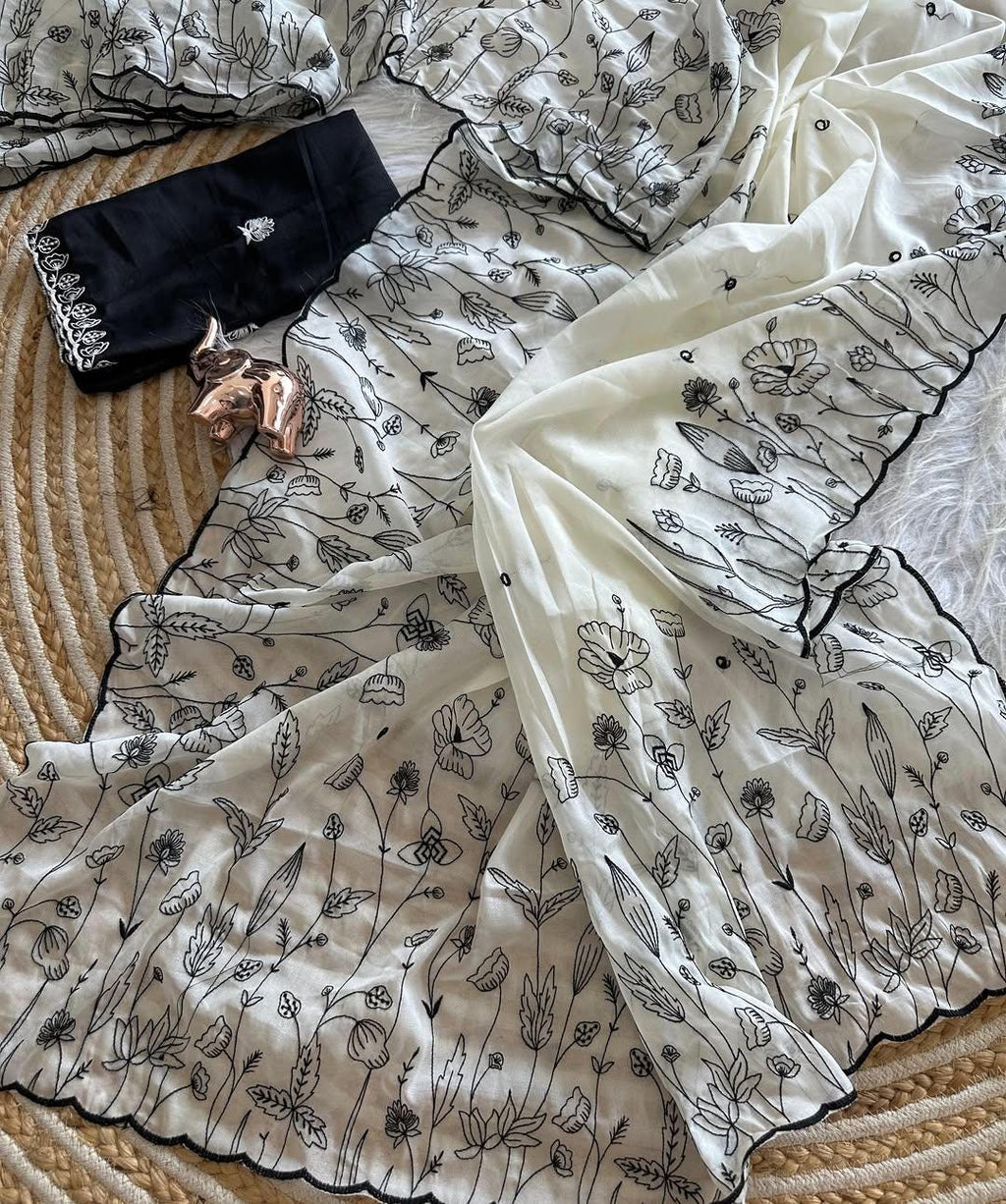 White Georgette Saree with Embroidery, Sequin & Rivet Detail