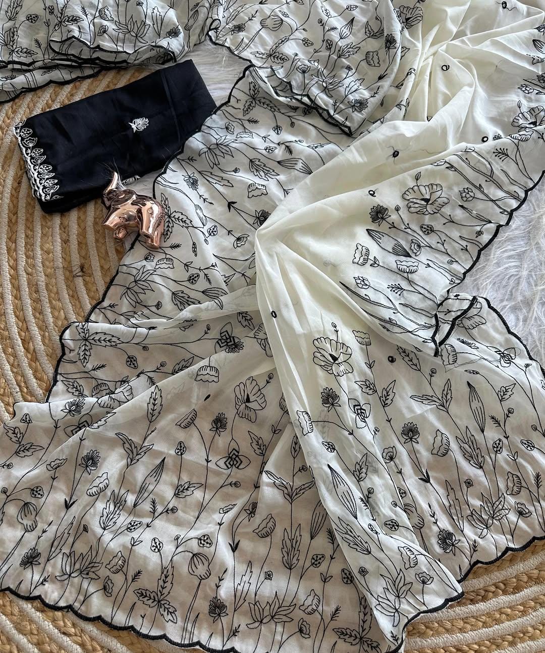 White Georgette Saree with Embroidery, Sequin & Rivet Detail