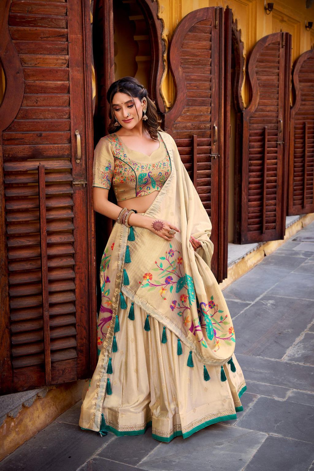 Paithani Silk Lehenga Choli — Cream & Gold Zari Weave