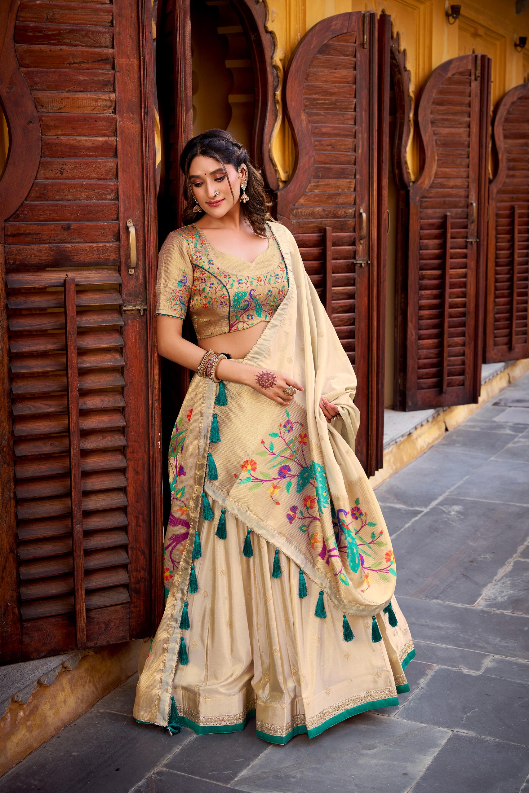 Paithani Silk Lehenga Choli — Cream & Gold Zari Weave
